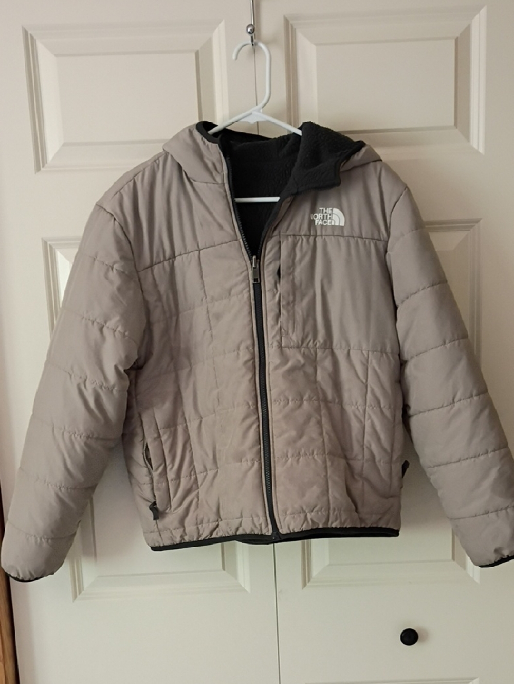 The North Face Taupe Quilted Hooded Jacket with Black Trim
